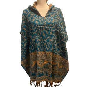 Rhea India Women’s Poncho Hood Pockets New One Size Acrylic Blue Gold Pretty